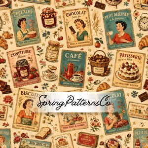 Pode incluir: Um padrão de tecido com anúncios de estilo vintage de alimentos e bebidas, incluindo ilustrações de pessoas, potes de geleia, chocolate, cafeteiras e doces, com textos como Céréales, Chocolat e Pâtisserie.