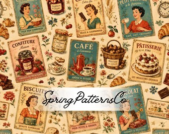 Vintage French Cafe Seamless Pattern, Bakery Repeat Pattern, Food Poster Fabric Design, Digital Paper