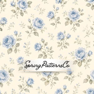 May include: A floral pattern featuring light blue roses and smaller blue flowers on a cream background. The design includes stems and leaves in shades of gray and green. The text "Spring PatternsCo" is displayed across the image.