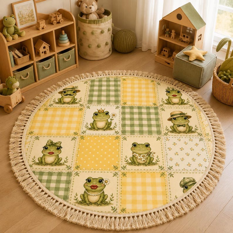 May include: A round area rug featuring a grid pattern of alternating yellow and green squares. The squares display illustrations of frogs with various accessories like hats, crowns, and bows, surrounded by a thick, beige fringe border.