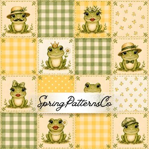 May include: A grid pattern fabric design featuring various illustrations of green frogs in hats, crowns, and floral accessories, interspersed with yellow and green gingham, polka dot, and floral squares. The text SpringPatternsCo is centred.