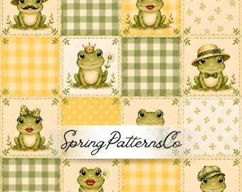 Frog Patchwork Seamless Pattern, Gingham Repeat Pattern, Fabric Design, Digital Paper