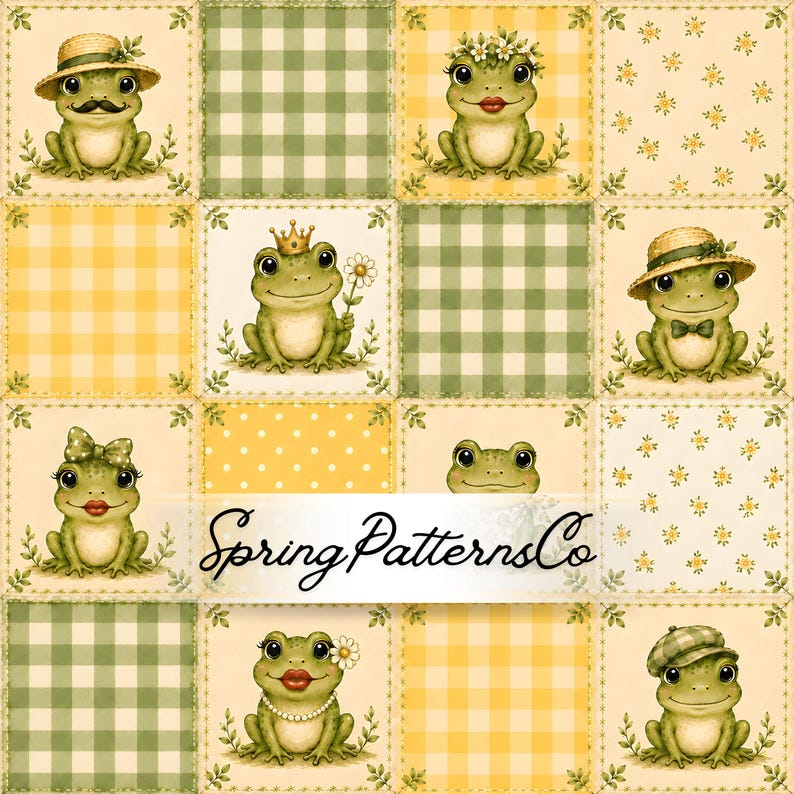 May include: A grid pattern fabric design featuring various illustrations of green frogs in hats, crowns, and floral accessories, interspersed with yellow and green gingham, polka dot, and floral squares. The text SpringPatternsCo is centred.