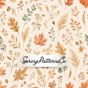 May include: A seamless pattern featuring watercolor illustrations of autumn leaves, acorns, berries, and dried grasses in shades of orange, brown, and muted green on a cream background. The text SpringPatternsCo is centered in the image.