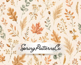 Autumn Watercolor Leaves Seamless Pattern, Fall Repeat Pattern, Botanical Fabric Design, Digital Paper