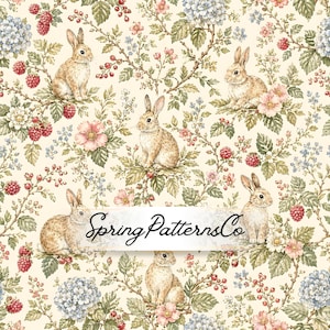 Rabbit Floral Seamless Pattern, Cottagecore Repeat Pattern, Vintage Fabric Design