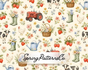 Farmhouse Seamless Pattern, Strawberry Floral Repeat Pattern, Cottagecore Fabric Design