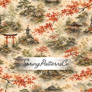 May include: A fabric pattern featuring a Japanese landscape with red maple leaves, bamboo, stone lanterns, torii gates, and traditional wooden buildings over water. The text SpringPatternsCo is overlaid in black script across the center of the design.