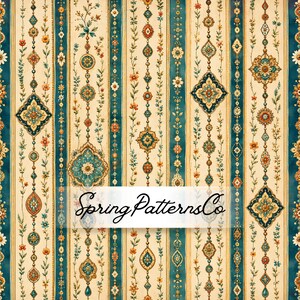 Puede incluir: Un patrón de tela de rayas verticales con bandas color crema y verde azulado decoradas con intrincadas enredaderas florales, cadenas de cuentas y medallones ornamentados en forma de diamante en naranja, oro y azul. El texto SpringPatternsCo está centrado.