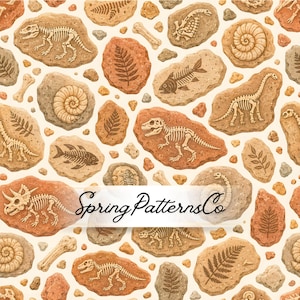 May include: A repeating pattern featuring illustrations of fossils, including dinosaur skeletons, fish, and plant imprints, on textured stone-like backgrounds. The design includes the text "Spring Patterns Co" in a cursive font.
