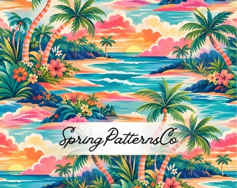 Tropical Beach Seamless Pattern, Island Repeat Pattern, Fabric Design Digital Paper
