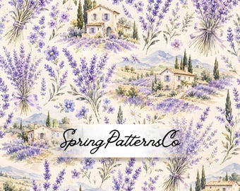Lavender Cottage Seamless Pattern, Provence Repeat Pattern, Fabric Design, Digital Paper