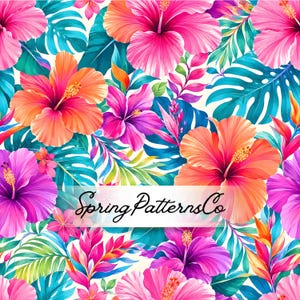 May include: A vibrant floral pattern featuring large hibiscus flowers in shades of pink, orange, and purple, set against a backdrop of turquoise and green tropical leaves. The text "Spring Patterns Co" is displayed across the image.