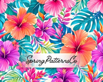 Tropical Hibiscus Seamless Pattern, Repeat Pattern, Fabric Design, Summer Digital Paper