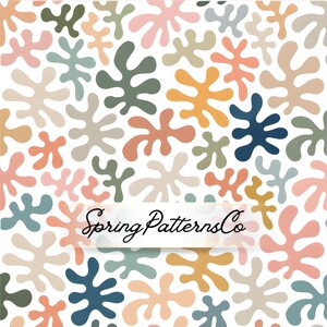 Puede incluir: Patrón repetido de formas abstractas en varios colores, incluyendo rosa, naranja, verde y azul, sobre un fondo blanco. El texto "Spring PatternsCo" se muestra en una pancarta en la imagen.