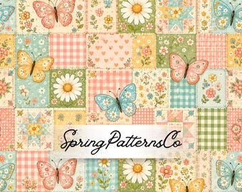 Butterfly Patchwork Seamless Pattern, Floral Quilt Repeat Pattern, Fabric Design, Digital Paper