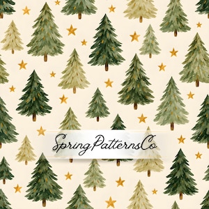 May include: A seamless pattern featuring watercolor illustrations of evergreen trees in shades of dark green and muted gold, interspersed with small yellow stars on a cream background. The text SpringPatternsCo is centered.