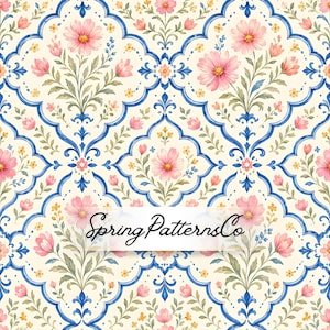 May include: Watercolor floral pattern featuring pink flowers, green leaves, and blue decorative elements. The design includes the text "Spring PatternsCo" on a cream-colored background. The pattern is repeated across the image.