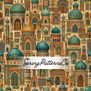 May include: A repeating pattern featuring intricate architectural illustrations of mosques with teal and gold domes, arched doorways, and ornate tile work in shades of blue, orange, and cream. The text SpringPatternsCo is centred.