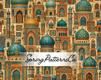 Moroccan Palace Seamless Pattern, Islamic Architecture Digital Paper, Arabian Tile Fabric Design