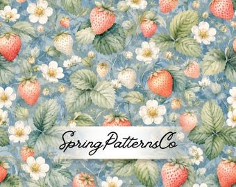 Strawberry Blossom Seamless Pattern, Watercolor Fruit Repeat Pattern, Fabric Design, Digital Paper