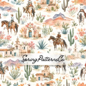 May include: A repeating pattern featuring watercolour illustrations of cowboys on horseback, desert landscapes with cacti, and adobe-style buildings. The text SpringPatternsCo is overlaid in black script across the centre of the image.