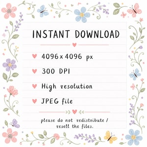 Puede incluir: Gr&aacute;fico de descarga digital con el texto &laquo;DESCARGA INSTANT&Aacute;NEA&raquo;. La imagen incluye detalles como 4096 x 4096 px, 300 DPI, alta resoluci&oacute;n y archivo JPEG. El dise&ntilde;o est&aacute; enmarcado con ilustraciones florales y de mariposas.