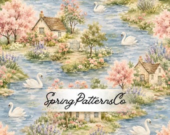 Diseño sin costuras de Swan Cottage, diseño repetitivo de paisaje campestre, diseño de tela en acuarela