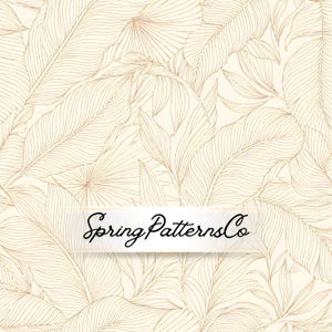 May include: A seamless pattern featuring delicate, light brown line art of tropical palm leaves on a cream-coloured background. Centred in the middle is a white rectangular overlay with the black cursive text SpringPatternsCo printed on it.