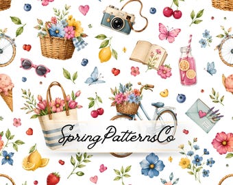 Summer Picnic Seamless Pattern, Floral Bicycle Repeat Pattern, Fabric Design, Digital Paper
