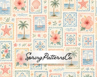 Coastal Stamp Seamless Pattern, Tropical Repeat Pattern, Beach Fabric Design