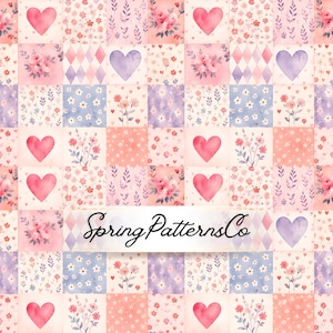 Könnte beinhalten: Ein Patchwork-Muster aus quadratischen Kacheln mit Aquarell-Illustrationen von rosa und violetten Herzen, Blumensträußen und Rautenformen. Der Text SpringPatternsCo ist in schwarzer Schreibschrift auf einem weißen horizontalen Banner gedruckt.