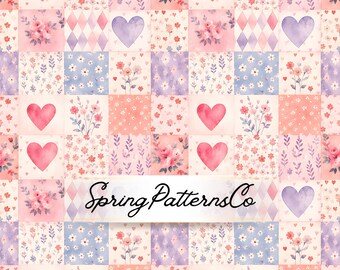 Valentine Patchwork Seamless Pattern, Heart Floral Repeat Pattern, Fabric Design, Digital Pattern
