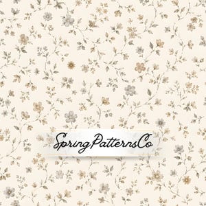 Könnte beinhalten: Ein cremefarbenes Blumenmuster mit zarten braunen und grauen Blüten und Blättern auf dünnen, sich windenden Stielen. Das Design enthält den Text "Spring Patterns Co" in Schreibschrift.