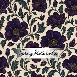 May include: A seamless pattern featuring deep purple flowers with gold-toned outlines and dark green foliage against a cream background. The text SpringPatternsCo is centered horizontally across the middle of the floral design.