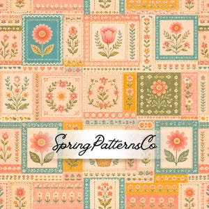 Puede incluir: Un patrón de tela con un mosaico de bloques rectangulares con varias ilustraciones florales en tonos melocotón, verde azulado, verde oliva y amarillo. El texto "SpringPatternsCo" está centrado sobre el diseño en una fuente cursiva negra.