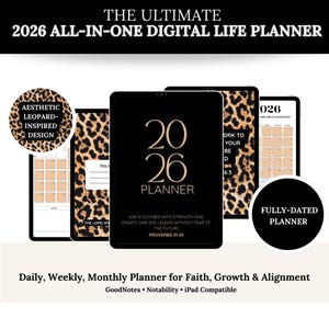 Puede incluir: Un planificador de vida digital para 2026 con un diseño negro y estampado de leopardo. El planificador incluye diseños diarios, semanales y mensuales. El texto en el planificador dice "2026 Planner" y "Fully-Dated Planner".