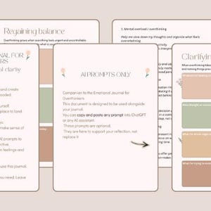 Peut inclure: Ensemble de pages de journal imprimables pour le soutien émotionnel, conçues avec une palette de couleurs neutres. Les pages comprennent des invites pour l'auto-réflexion et la gestion de la sur-réflexion, avec des sections pour clarifier les situations. Le texte comprend "Emotional Journal for Overthinkers".