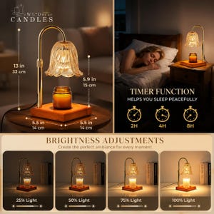 May include: A gold-toned candle warmer lamp with a glass flower-shaped shade and a wooden base. It measures 13 inches tall, 5.9 inches for the shade, and 5.5 inches for the base. Features include adjustable brightness levels and a timer function.
