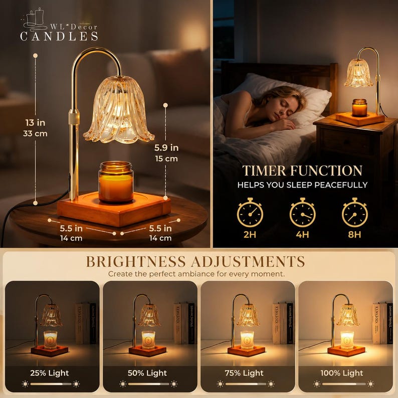 May include: A gold-toned candle warmer lamp with a glass flower-shaped shade and a wooden base. It measures 13 inches tall, 5.9 inches for the shade, and 5.5 inches for the base. Features include adjustable brightness levels and a timer function.