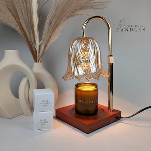 May include: A candle warmer with a gold-colored metal frame and a brown wooden base. The warmer has a glass shade and a candle jar with the text "WL Decor Candles". Two white boxes with text are in the foreground.
