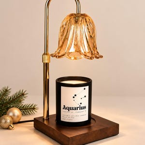 May include: A gold-toned metal candle warmer lamp with a curved arm and a fluted amber glass shade. It sits on a square wooden base holding a black candle jar labeled Aquarius with the text January 20 - February 18, Organic Soy Wax Candle, Made in USA, 8 oz (226g).