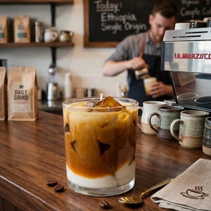 May include: A glass of iced coffee with ice cubes, layered with a white base, a dark brown middle, and a lighter brown top. Coffee beans and a gold spoon are on the wooden counter. A barista and coffee machine are in the background.