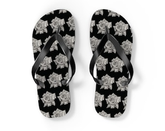 Kevin Mann X Misfit Fox Original Artwork | Hand Drawn Monochrome Rose Pattern Flip Flops