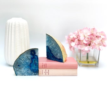 Blue Agate Bookends, Geode Bookends, Gold Leaf Bookends, Brazilian Gemstone, Gift for her, Dorm Decor