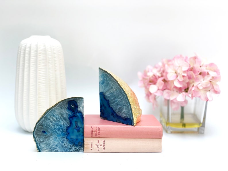 Blue Agate Bookends Geode Bookends Gold Leaf Bookends Etsy