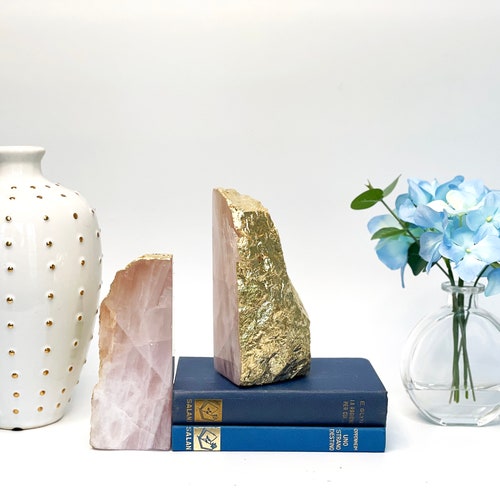 Rose Quartz Bookends Gold Leaf Bookends Geode Bookends Pink Etsy