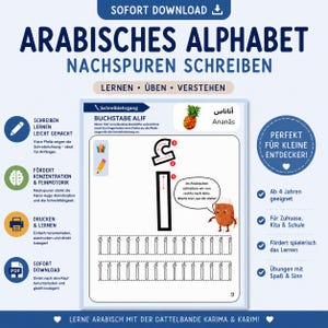 Könnte beinhalten: Ein ausdruckbares Arbeitsblatt zum Nachzeichnen des arabischen Alphabets. Das blau-weiße Design zeigt den arabischen Buchstaben Alif, eine Ananas-Illustration und Schreibanweisungen. Der Text enthält "Lernen, Üben, Verstehen" und "Perfekt für kleine Entdecker!"