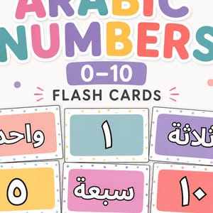 Könnte beinhalten: Bunte Lernkarten zum Erlernen arabischer Zahlen von 0-10. Die Karten zeigen arabische Ziffern und ihre entsprechenden Wörter in arabischer Schrift. Das Design umfasst eine Vielzahl von Pastellfarben und die Wörter "Learn, Match, Play".