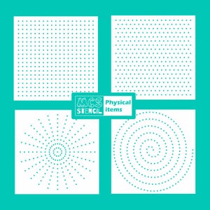 Può includere: Quattro stencil bianchi con motivi a punti, tra cui una griglia, un design radiale e una spirale. Gli stencil sono su uno sfondo turchese. Il testo "MCS STENCIL Physical items" è in un rettangolo bianco.
